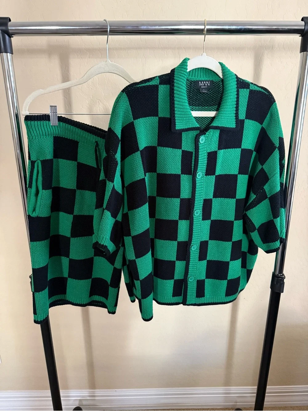 Green & Black Checkerboard Knit Set